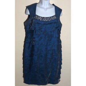 London Times‎ Dress Womens 16W  Blue Ruffeled Shift Stretch Dressy